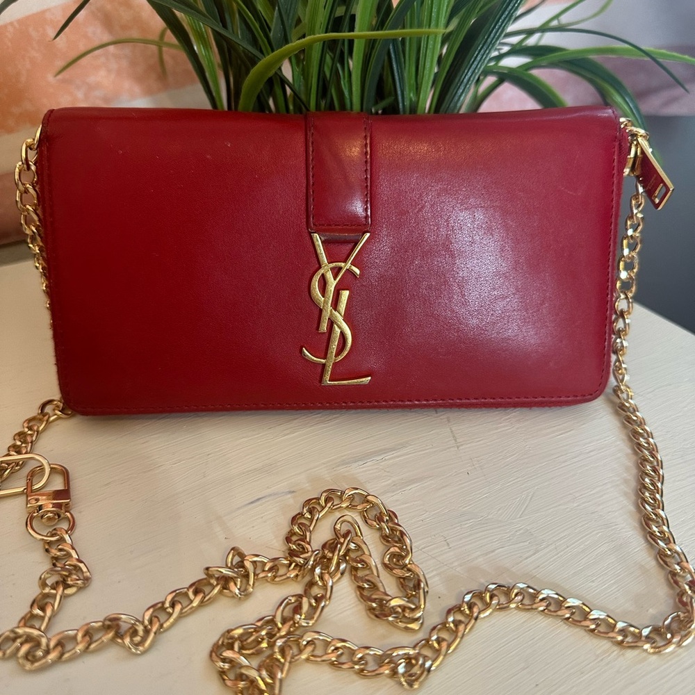 Yves Saint Laurent Red Wallet with Gold Chain